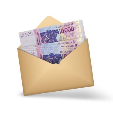 10000 West African cfa franc notes inside an open brown envelope. 3D illustration of money in an open envelope. Beninese, Burkinabe, Bissau-Guinean, Ivorian, Malian, Nigerien, Senegalese, Togolese