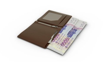 3D rendering of West African cfa franc notes popping out of a brown leather mens wallet. West African cfa francs in wallet