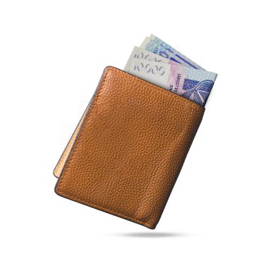 3D rendering of West African cfa franc notes popping out of a brown leather mens wallet. West African cfa francs in wallet