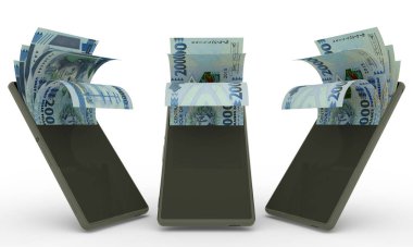 Guinean Franc notes inside a mobile phone. money coming out of mobile phone. 3d rendering of set of mobile money transaction concept. money from Phone