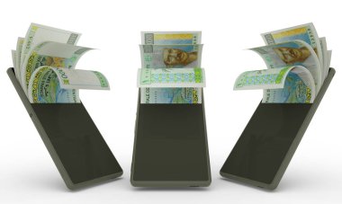 Djiboutian franc notes inside a mobile phone. money coming out of mobile phone. 3d rendering of set of mobile money transaction concept. money from Phone