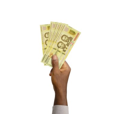Black Hand holding 3D rendered 10000 Burundian franc notes