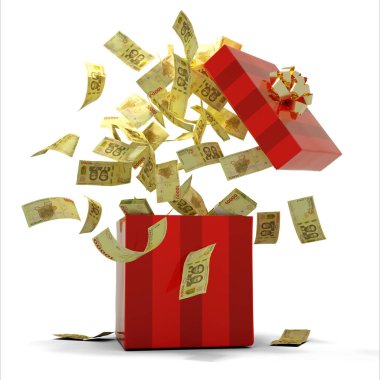 3D rendering of A lot of Burundian franc notes coming out of an opened red gift box. Money flying out of box