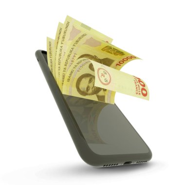 3D rending of 10000 Burundian franc notes inside a mobile phone