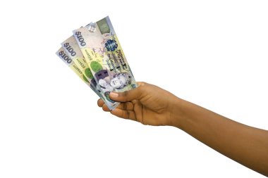 Fair hand holding 3D rendered 100 Bahamian dollar notes isolated on white background