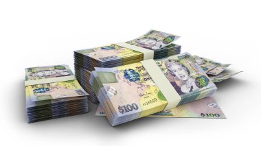 3D Stack of 100 Bahamian dollar notes isolated on white background