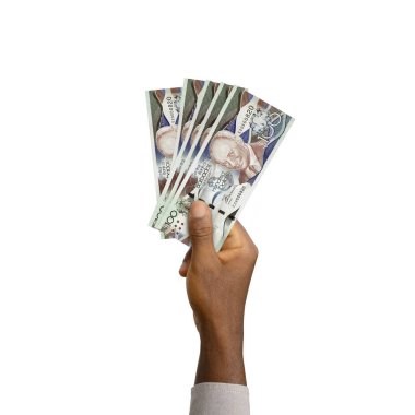 Black Hand holding 3D rendered 100 barbados dollar notes isolated on white background, Barbadian dollar