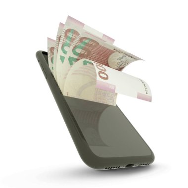 Beyaz arkaplanda izole edilmiş bir cep telefonunun içindeki 100 Azerbaycan manat notasının 3 boyutlu yorumlanması