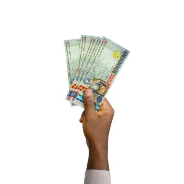 Black Hand holding 3D rendered 10000 Armenian dram notes isolated on white background