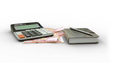 3D rendering of an isolated composition of 1000 Afghan afghani notes, a calculator, a note book and a pen