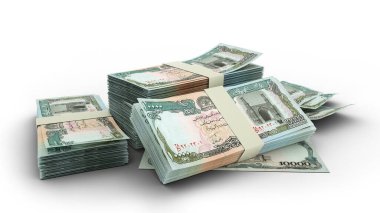 3D Stack of 10000 Afghan afghani notes isolated on white background