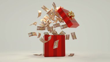 3D rendering of A lot of 1000 Afghan afghani notes coming out of an opened red gift box. Money flying out of box