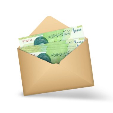 Iranian rial notes inside an open brown envelope. 3D illustration of money in an open envelope