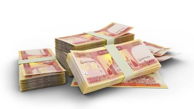 3D Stack of 1000 Afghan afghani notes isolated on white background