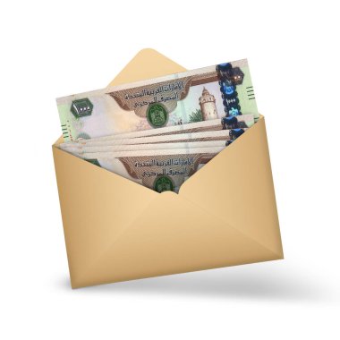 Açık kahverengi bir zarfın içinde 1000 adet Birleşik Arap Emirliği notası var. Açık bir zarfta üç boyutlu para illüstrasyonu, Emirati Dirham
