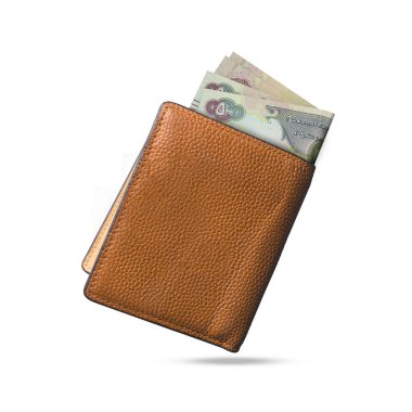 Kahverengi deri bir erkek cüzdanından çıkan Birleşik Arap Emirlikleri 'nin üç boyutlu çizimi. Cüzdanında Dirham var. Emirati Dirham