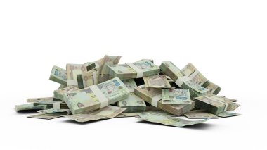 Beyaz arkaplandan izole edilmiş üç boyutlu Birleşik Arap Emirlikleri dirhem desteleri. Emirati Dirham