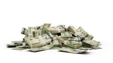 Beyaz arkaplandan izole edilmiş 1000 adet Birleşik Arap Emirliği dirhem destesinin 3D yorumlanması, Emirati Dirham