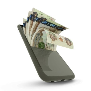Beyaz arka planda izole edilmiş bir cep telefonunun içinde 1000 adet Birleşik Arap Emirliği dirhem bulunan 3D çizimi, Emirati Dirham