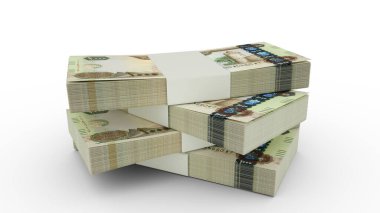 Birleşik Arap Emirlikleri 'nin 3D kopyalarından oluşan 1000 adet Dirham nota. Beyaz arka planda izole edilmiş birkaç Birleşik Arap Emirlikleri para birimi var. Emirati