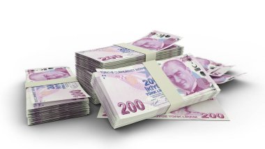 3D Stack of 200 turkish lira notes isolated on white background