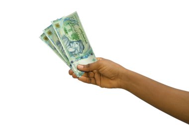 Fair hand holding 3D rendered Tunisian Dinar notes isolated on white background