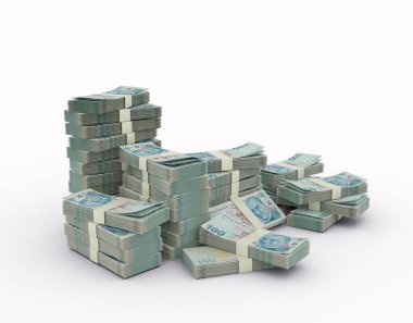 Stack of turkish lira notes. 3D rendering of bundles of banknotes
