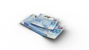 3D rendering of Double 100 Trinidad and Tobago dollar notes with shadows on white background