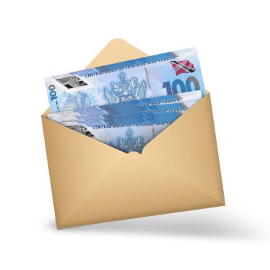 Trinidad and Tobago dollar notes inside an open brown envelope. 3D illustration of money in an open envelope