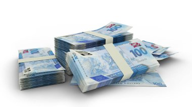 3D rendering of Stack of Trinidad and Tobago dollar notes isolated on white background