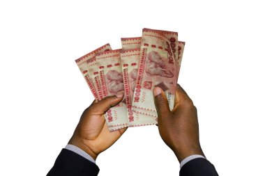 Black Hands in suit holding 3D rendered Tanzanian shilling notes