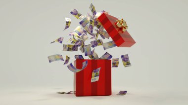 3D rendering of A lot of Swiss franc notes coming out of an opened red gift box