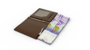 3D rendering of Swiss franc notes in wallet