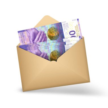 1000 Swiss franc notes inside an open brown envelope. 3D illustration of money in an open envelope