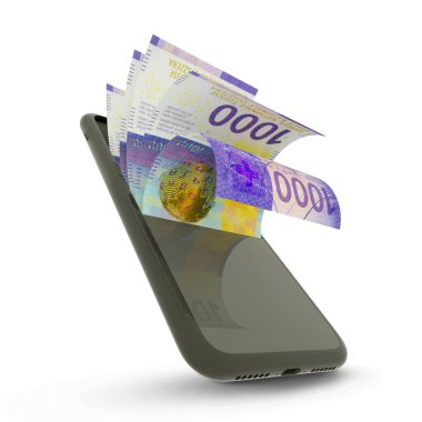 3D rending of Swiss franc notes inside a mobile phone