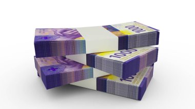 3d rendering of Stack of Swiss franc notes. Few bundles of Swiss currency isolated on white background