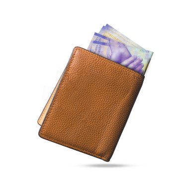 3D rendering of Swiss franc notes popping out of a brown leather mens wallet. Swiss franc in wallet