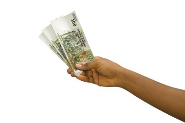 Fair hand holding 3D rendered 100 Swazi lilangeni notes isolated on white background