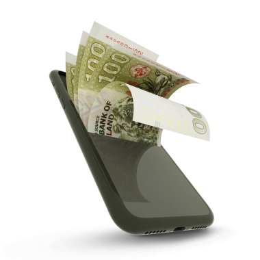 3D rending of 100 Swazi lilangeni inside a mobile phone