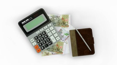 100 Swazi lilangeni notunun, hesap makinesinin, not defterinin ve kalemin izole edilmiş bir bileşiminin 3 boyutlu görüntülenmesi