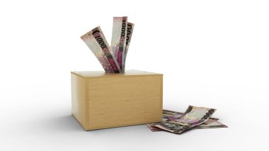3D rendering of Sudanese Pound notes in wooden Savings box