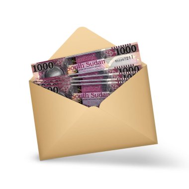 South Sudanese pound notes inside an open brown envelope. 3D illustration of money in an open envelope