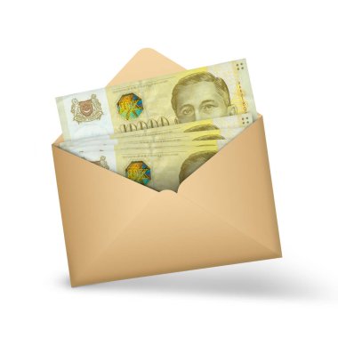 10000 Singapore dollar notes inside an open brown envelope. 3D illustration of money in an open envelope