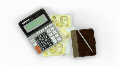 3D rendering of an isolated composition of Singapore dollar notes, a calculator, a note book and a pen