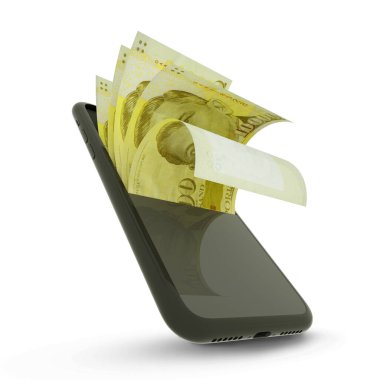 3D rending of Singapore dollar notes inside a mobile phone isolated on white background