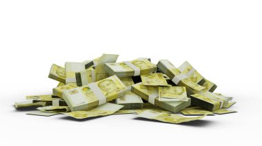 Singapur 'daki banknotların 3 boyutlu yorumlanması beyaz arka planda izole edildi. Bir deste dolar.