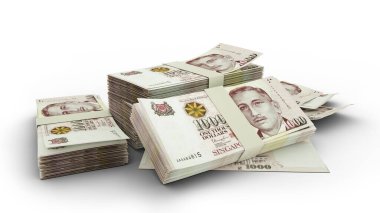 Singapur para yığınının 3 boyutlu yorumlanması beyaz arkaplanda izole edildi