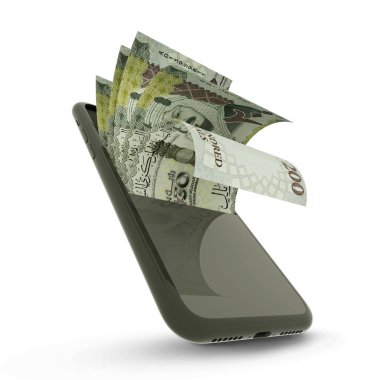3D rending of Saudi Arabian Riyal notes inside a mobile phone