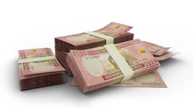 Fair hand holding 3D rendered 5000 Rwandan franc notes isolated on white background