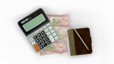 3D rendering of an isolated composition of 5000 Rwandan franc notes, a calculator, a note book and a pen